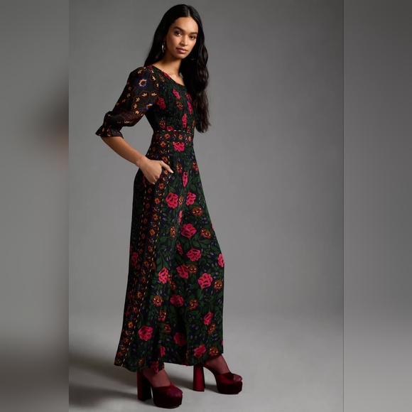 ☆SOLD☆ Farm Rio Anthropologie Smocked Jumpsuit In Black Motif Sz Extra Large - Picture 4 of 8